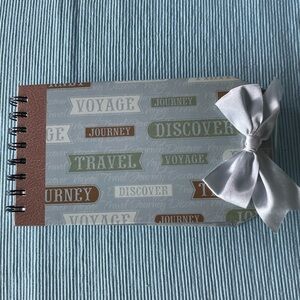 Travel Themed Pre-made Spiral Scrapbook with Bow- picture-ready! 8.25x4.5”